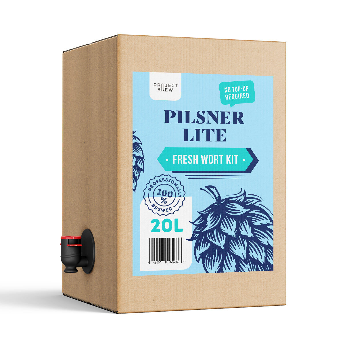 En 20L boks merket "Pilsner Lite - 20L Fresh Wort Kit" med tappekran, humlegrafikk og tekst: Ingen påfylling nødvendig, 100 % profesjonelt brygget, perfekt for hjemmebrygging av din egen lavkarboøl.