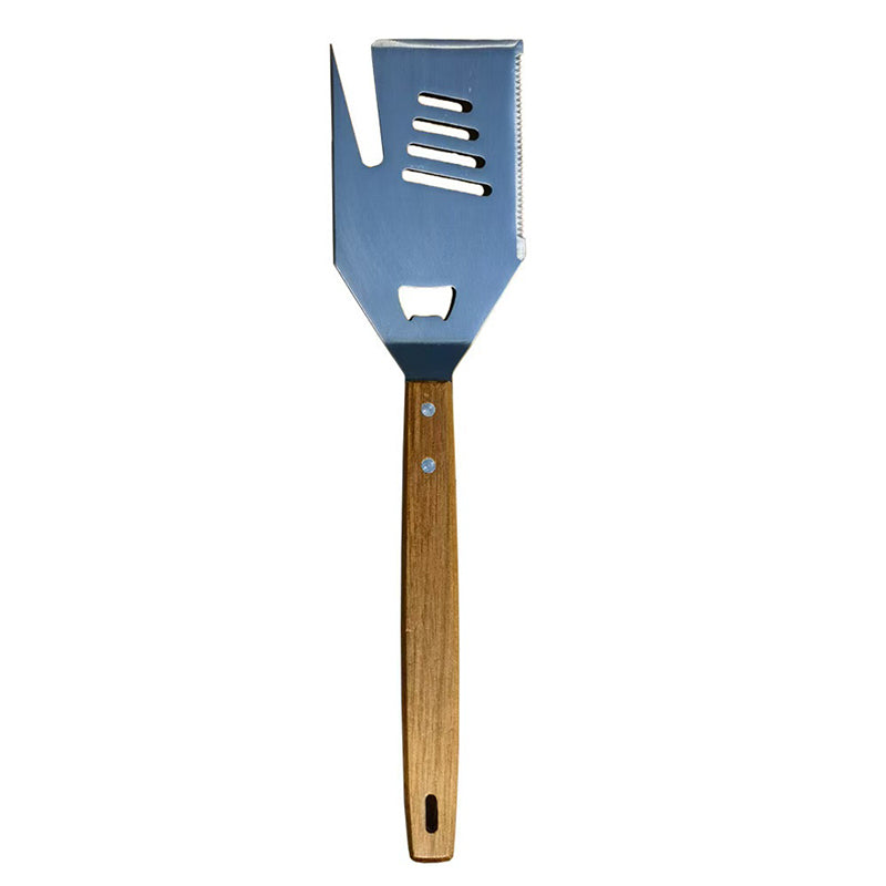 5-i-1 BBQ Grillspade i rustfritt stål med trehåndtak har både serratert kant, flaskeåpner og slisser - det ultimate grillverktøyet for enhver entusiast.