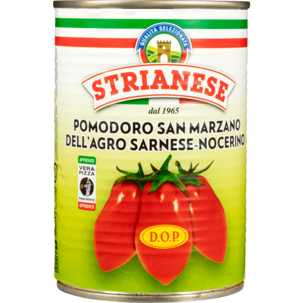 En 400 g boks med Strianese San Marzano DOP Tomater, med italiensk sertifiseringsstempel og tre tomater på etiketten - perfekt til autentiske napolitanske pizzasauser.