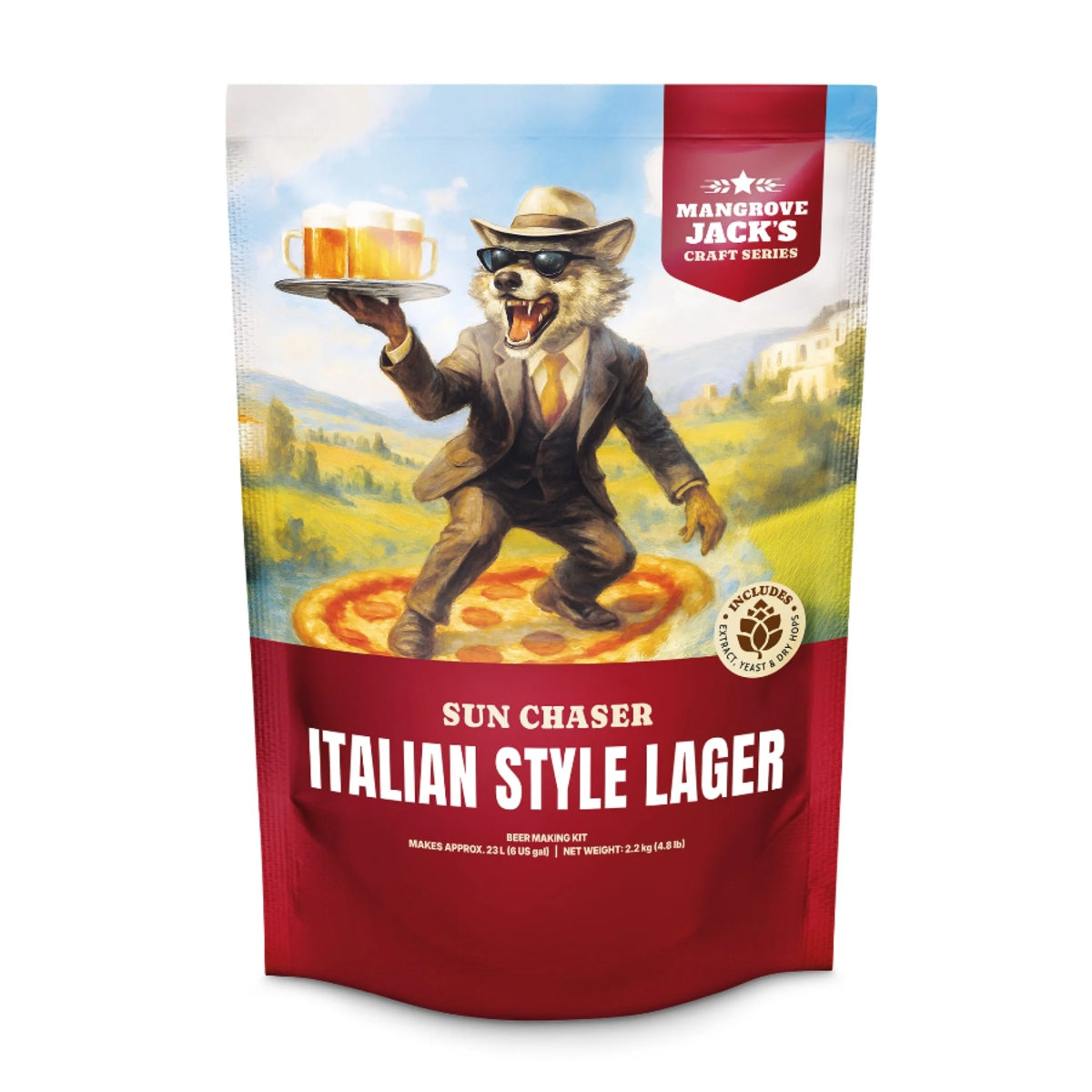 Et 2,2 kg ekstraktsett fra Craft Series med italiensk lagerøl, «Sun Chaser», med et motiv av en ulv i dress som serverer øl på pizza, med et italiensk landskap i bakgrunnen.