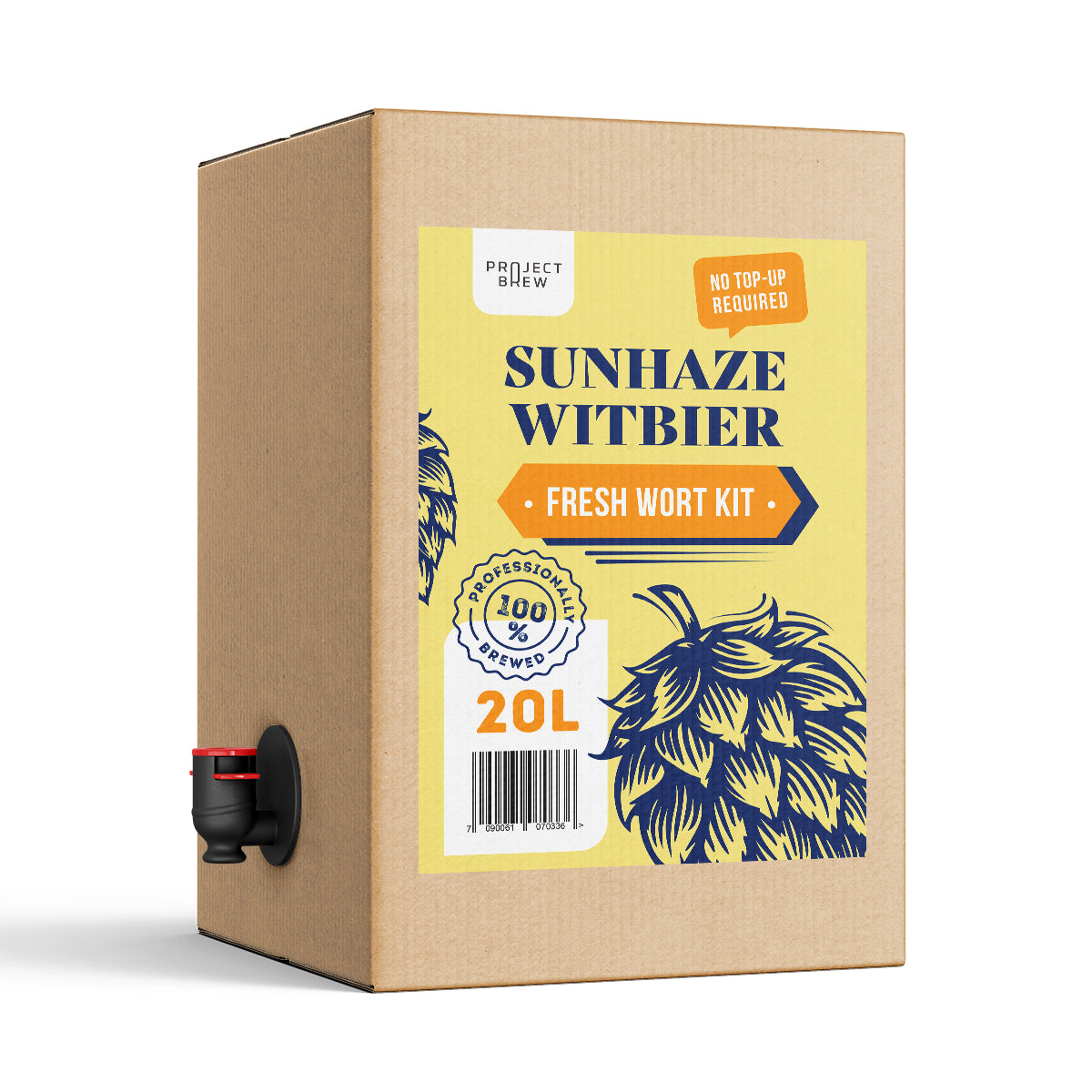 En 20 liters Sunhaze Witbier Fresh Wort Kit-eske med tut, dekorert i gult og blått, tydelig merket med at den ikke trenger etterfylling.