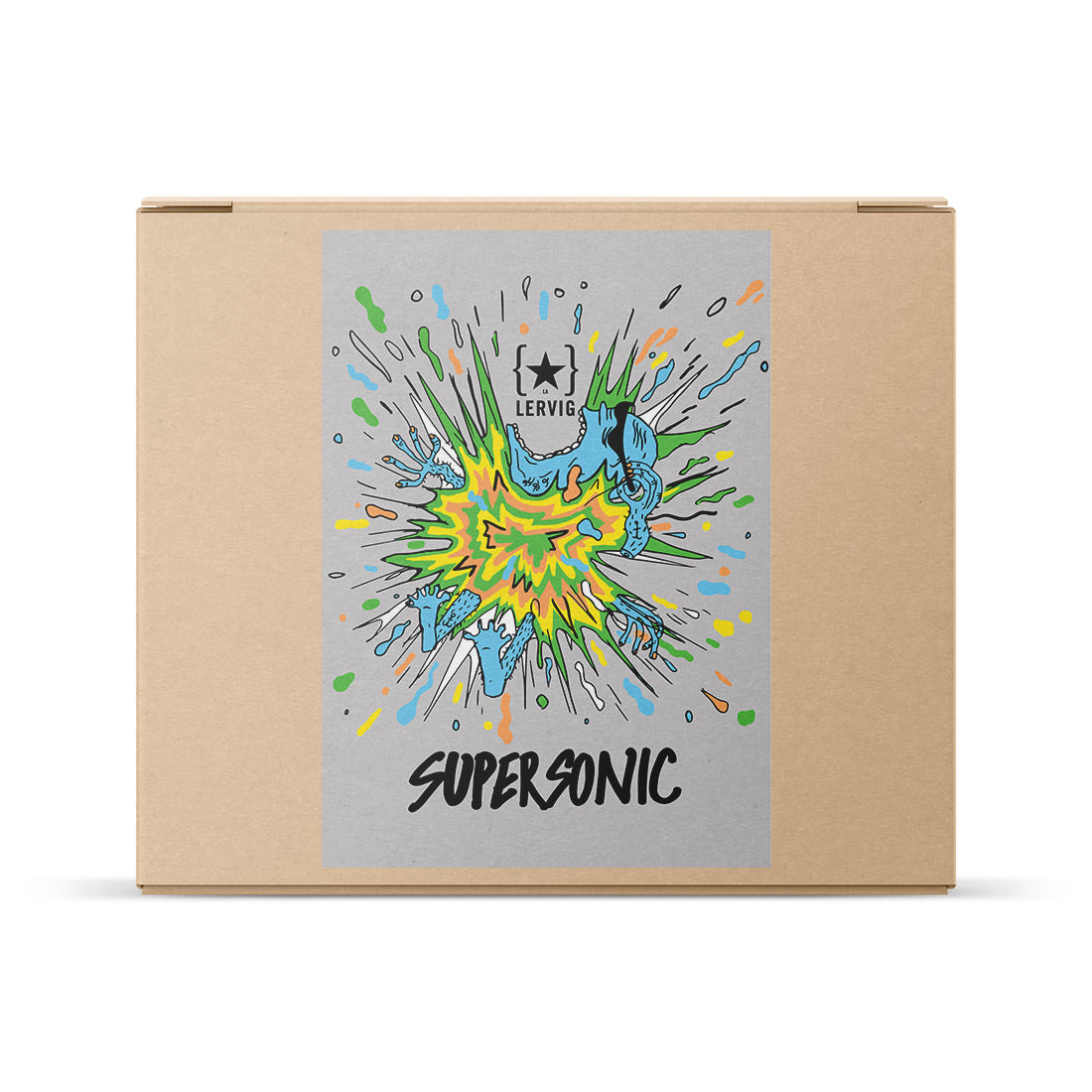 En brun eske med en tegneserieaktig eksplosjon og Lervig-logo viser "Lervig Supersonic Double Dry-Hopped DIPA - allgrain ølsett", ideelt for allgrain ølsett-fans.