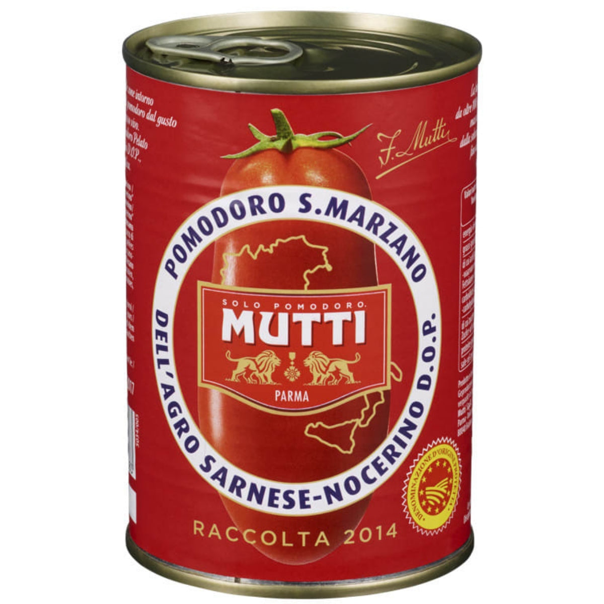En 400 g boks med Tomater Dop San Marzano fra Mutti, med rød etikett og italiensk tekst, viser at den stammer fra 2014-høsten - ideelt for autentiske napolitanske pizzasauser.