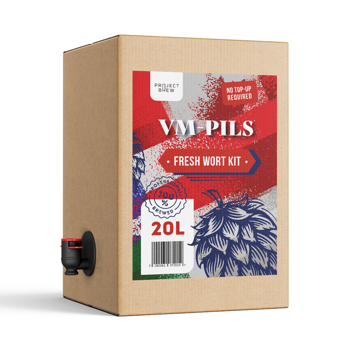 En 20 liters pappeske merket "VM Pils - 20L Fresh Wort Kit" for hjemmebrygging, med en svart sidetut og fargerik humlegrafikk på forsiden.