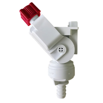 VITOP S - CONNECTOR TIL BAG IN BOX: hvit koblingsventil i plast med rød spak og slangekobling i bunnen, designet for hygienisk væsketapping og egnet for næringsmiddelbruk, vist mot en ensfarget bakgrunn.