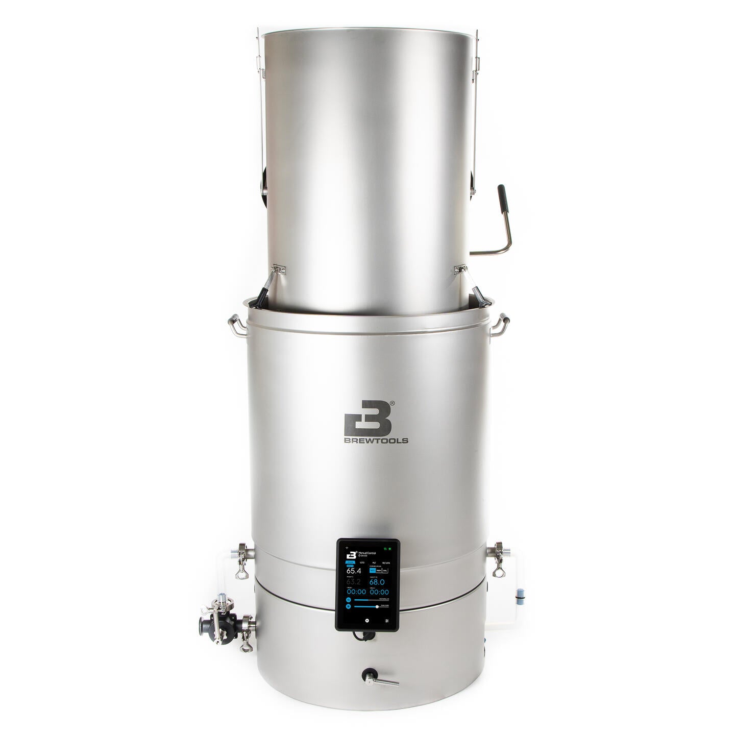Brewtools B180 bryggesystem 2x230 V 6,6 kW | Bryggemaskin, en enhet i rustfritt stål med digitalt display, reguleringsventiler og håndtak, vises mot en hvit bakgrunn.