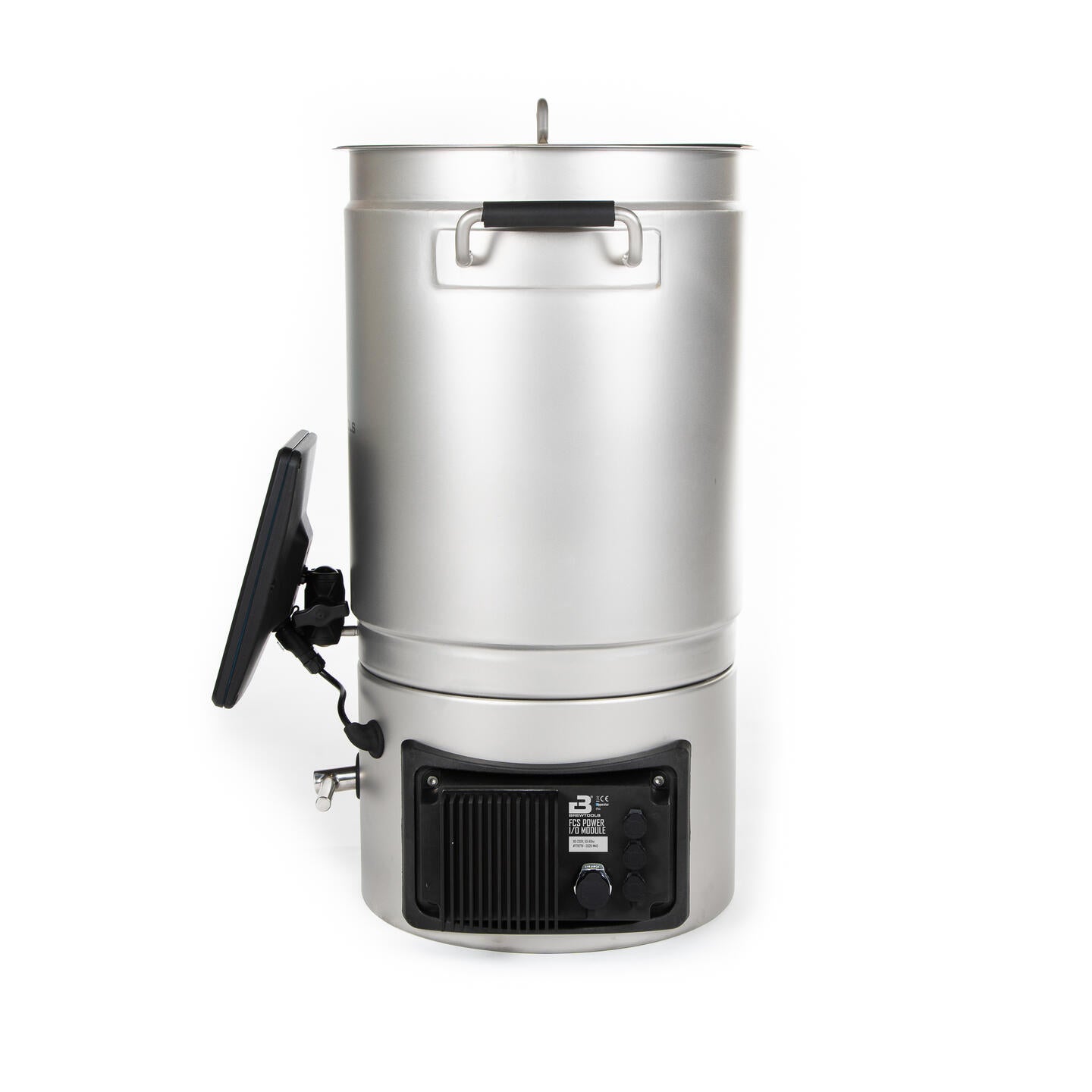 Brewtools B25 bryggesystem 230 V 2 kW | Bryggemaskin er en elektrisk bryggekjele i rustfritt stål med svart kontrollpanel og lokk, avbildet mot en hvit bakgrunn.