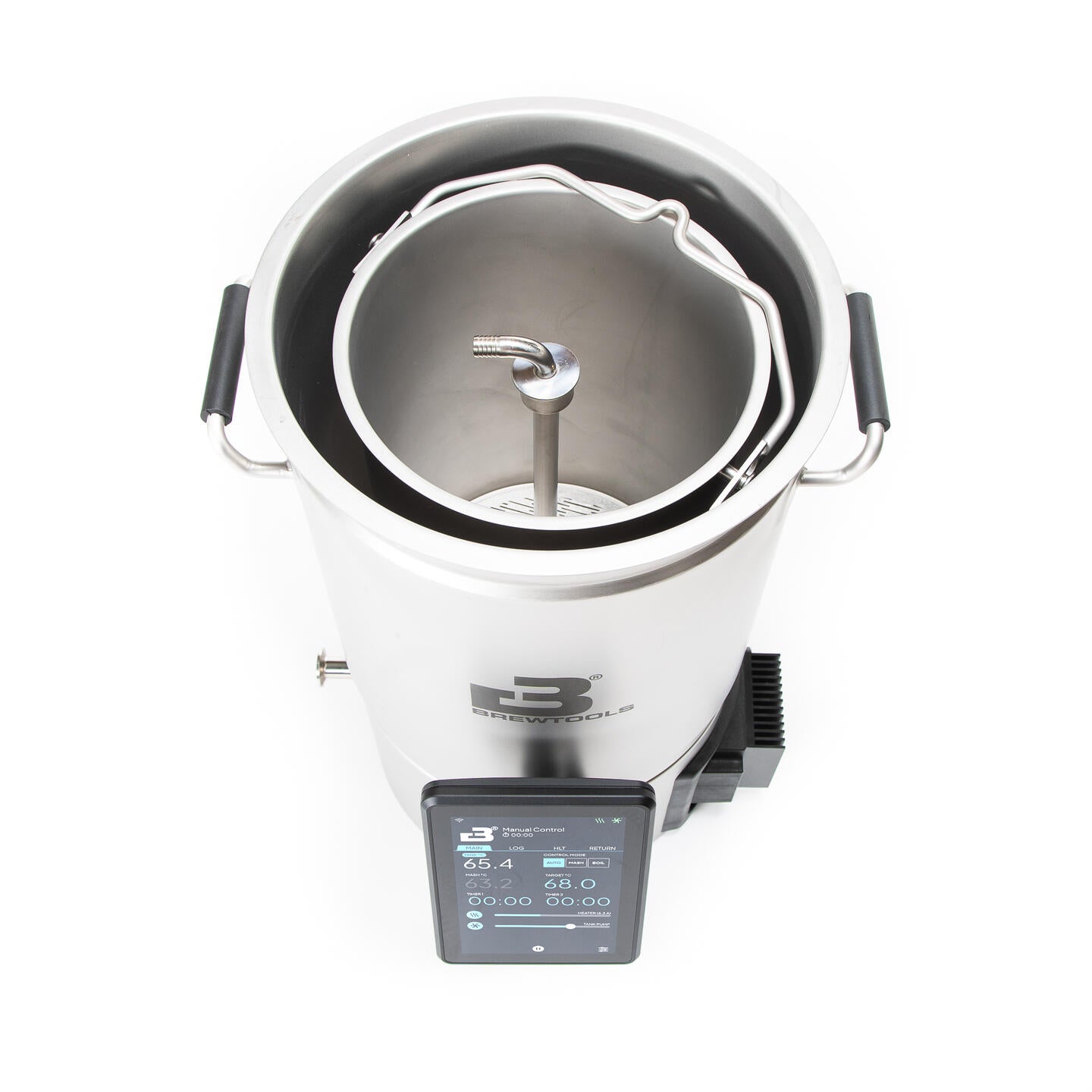 Oversiktsbilde av Brewtools B25 bryggesystem 230 V 2 kW | Bryggemaskin, som viser konstruksjon i rustfritt stål, solide håndtak, digitalt kontrollpanel og innebygd varmeelement for effektiv brygging.