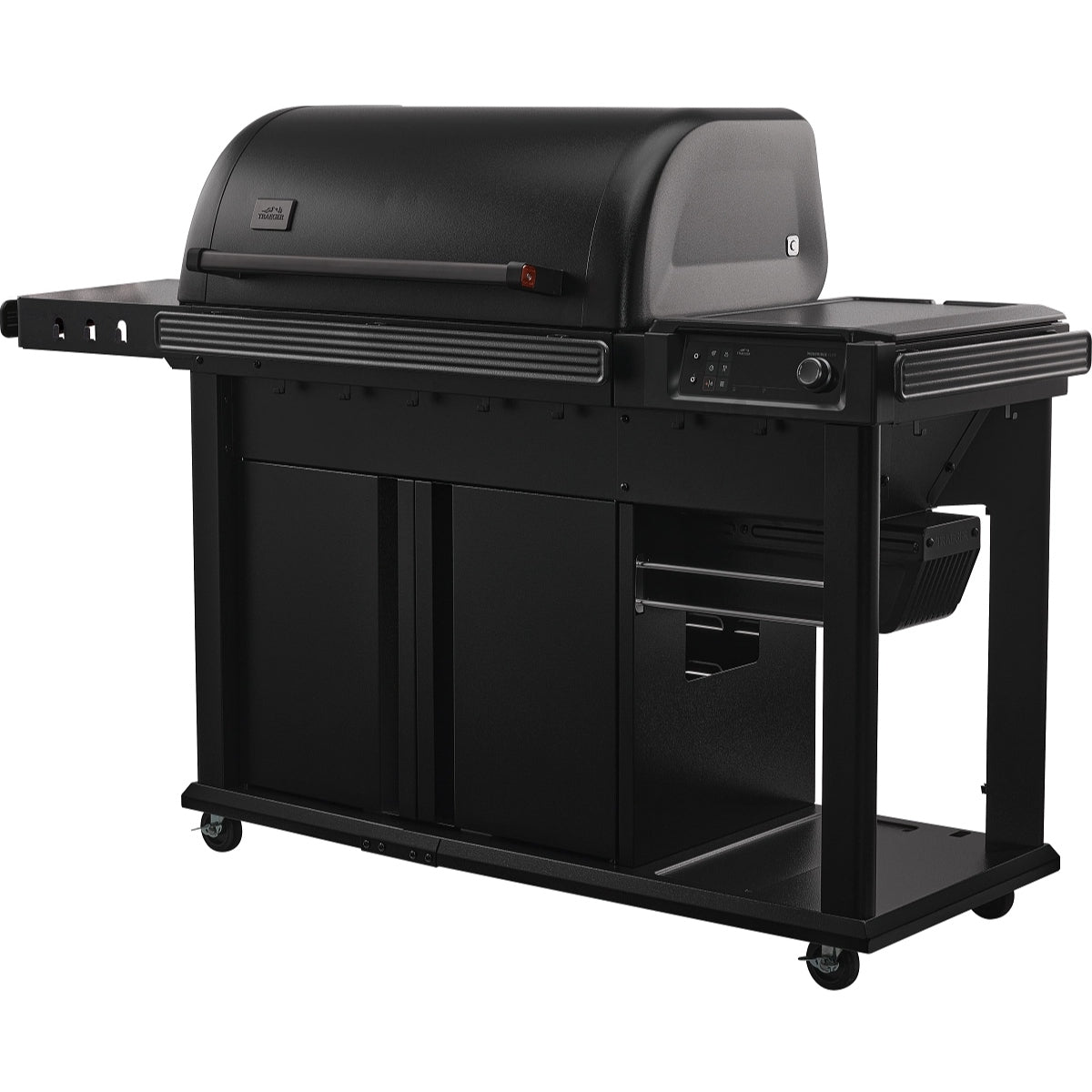 Traeger Woodridge Elite (Forhåndsbestilling) er en svart pelletsgrill med romslig lokk, sidehyller, nedre oppbevaringsskap, fire hjul og WiFIRE-teknologi for enkel matlaging utendørs.