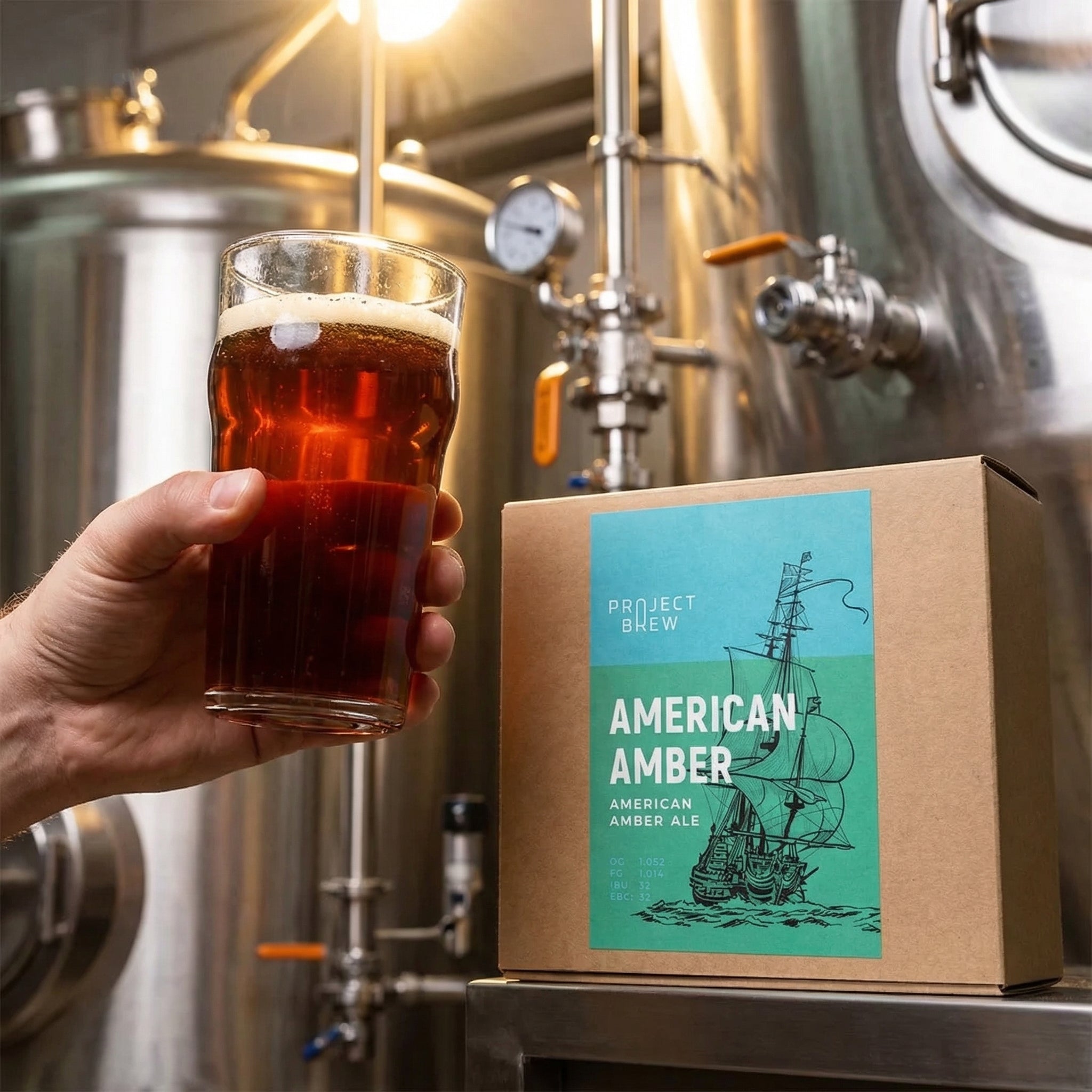En hånd holder en halvliter ravfarget øl ved siden av American Amber - allgrain ølsett, med bryggeriets tanker i bakgrunnen - et perfekt øyeblikk for hjemmebryggingsfans.