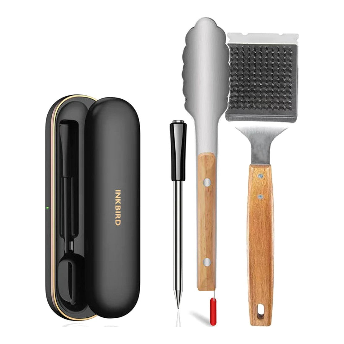 BBQ-utrustningspaket Beef – Inkbird INT-11P-B stektermometer, grilltång i rostfritt stål med trähandtag och grillborste med skrapa