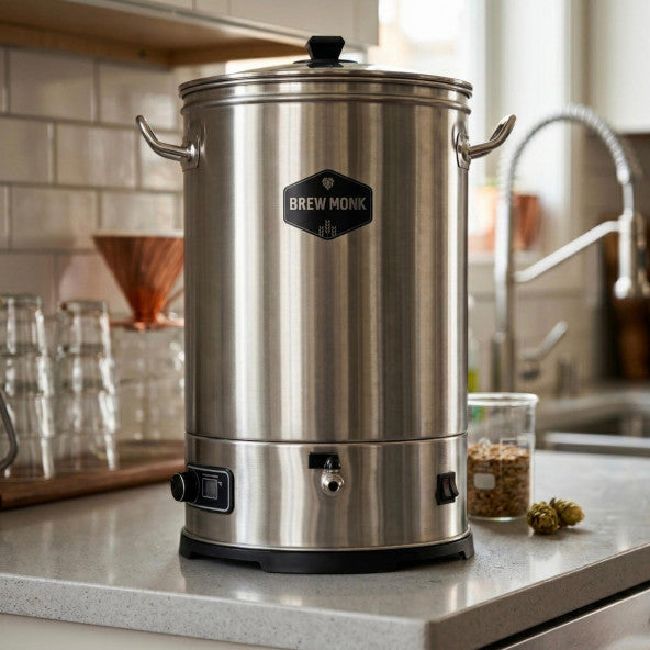 En Brew Monk S25 Skyllevannsvarmer med Integrert Pumpe står på kjøkkenbenken, omgitt av glass, en krukke med korn og en bryggekjele, med vasken i bakgrunnen.