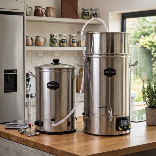 To Brew Monk S25 bryggekar i rustfritt stål med slanger står på kjøkkenbenken, ved siden av krukker og kjøkkenutstyr, med Brew Monk S25 Skyllevannsvarmer med Integrert Pumpe i bakgrunnen for optimal oppvarming av sparsevannet.