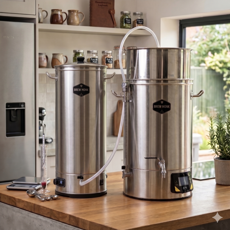 To «Brew Monk S40 Skyllevannsvarmer med Integrert Pumpe»-enheter er plassert på en kjøkkenbenk for hjemmebrygging, koblet sammen med en slange, mens glass med ingredienser og kjøkkenutstyr er synlige i bakgrunnen.