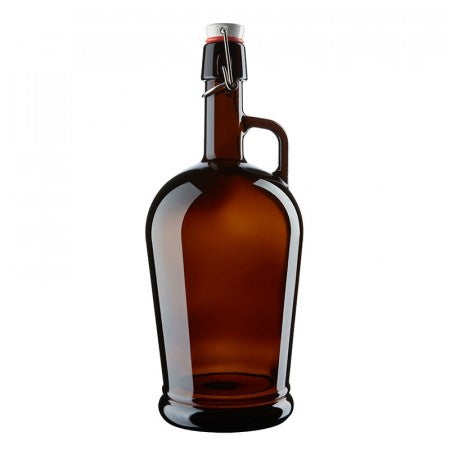 Systempack Classico Growler 2 liter med patentkork er en brun glassbeholder med håndtak og svingbart lokk i metall, vist på hvit bakgrunn. Denne gjenbruksbarbeholderen er ideell for oppbevaring og servering av favorittdrinkene dine.