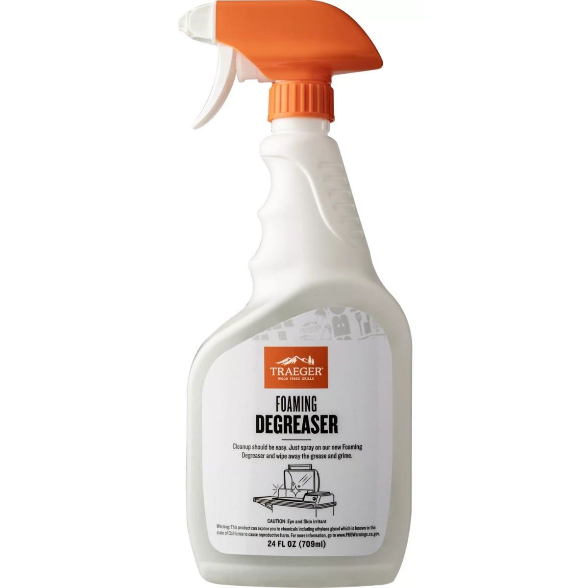 Traeger Grill Foaming Degreaser kommer i en hvit sprayflaske på 708 ml (24 fl oz) med oransje avtrekker og etikett, og har en kraftig skumformel for effektiv rengjøring av grillen.