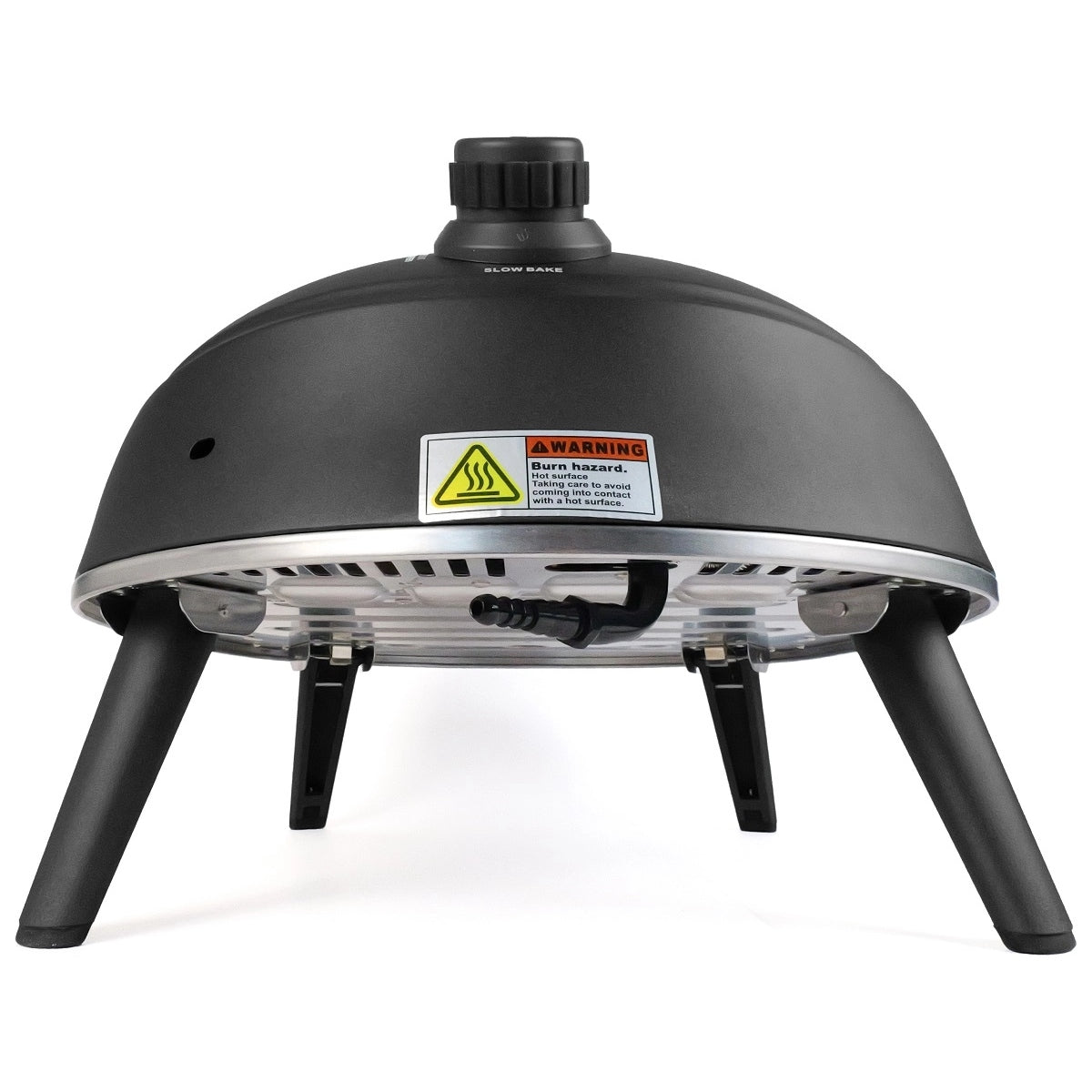DeliVita Diavolo gassdrevet pizzaovn (svart) har et svart bordmodell-design med fire skrå ben, en temperaturregulator på toppen og en synlig advarselsetikett på fronten.