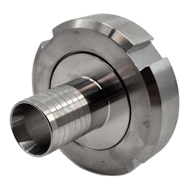 DN40 hunn DIN 11851 til 25 mm slangenippel sett skrått forfra, med riflet slangenippel og DN40 mutter
