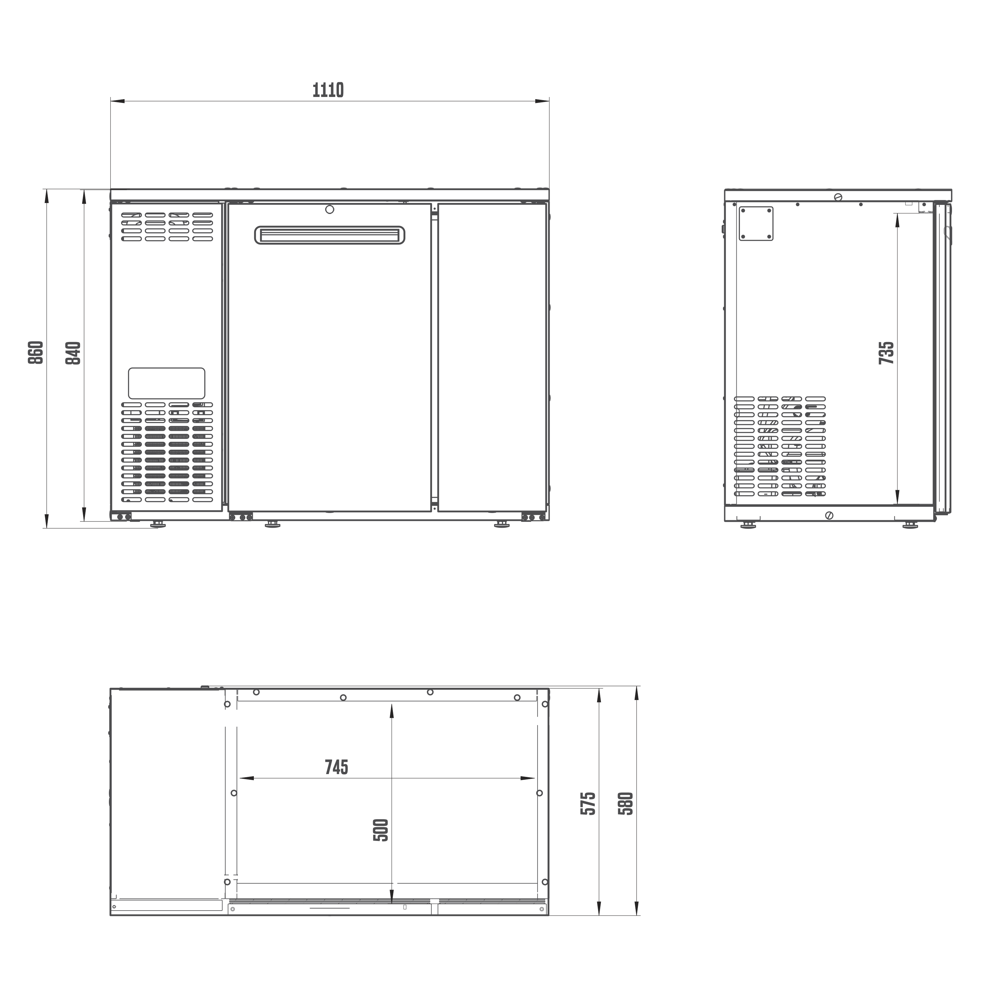 Teknisk tegning av kjøleenheten LINDR DFK-6 L Fatkjøler (bestillingsvare) som viser front-, side- og oversiktsbilder med dimensjoner angitt i millimeter.