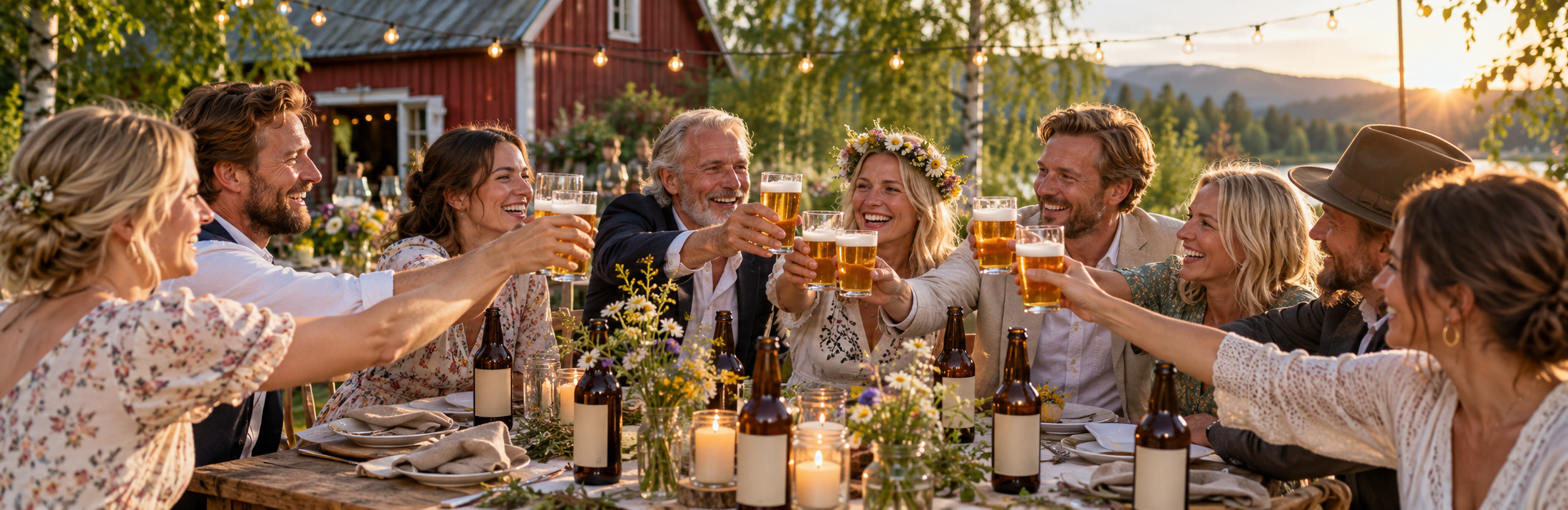 Gjester skåler i hjemmebrygget øl ved et langbord på en fest