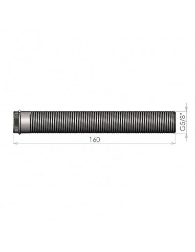 Teknisk tegning av LUKR EU Shank 5/8" x 160mm - lang gjennomføring, et fleksibelt korrugert rør med G 5/8 gjenget kobling, ideelt for bruk med LUKR tappekran.