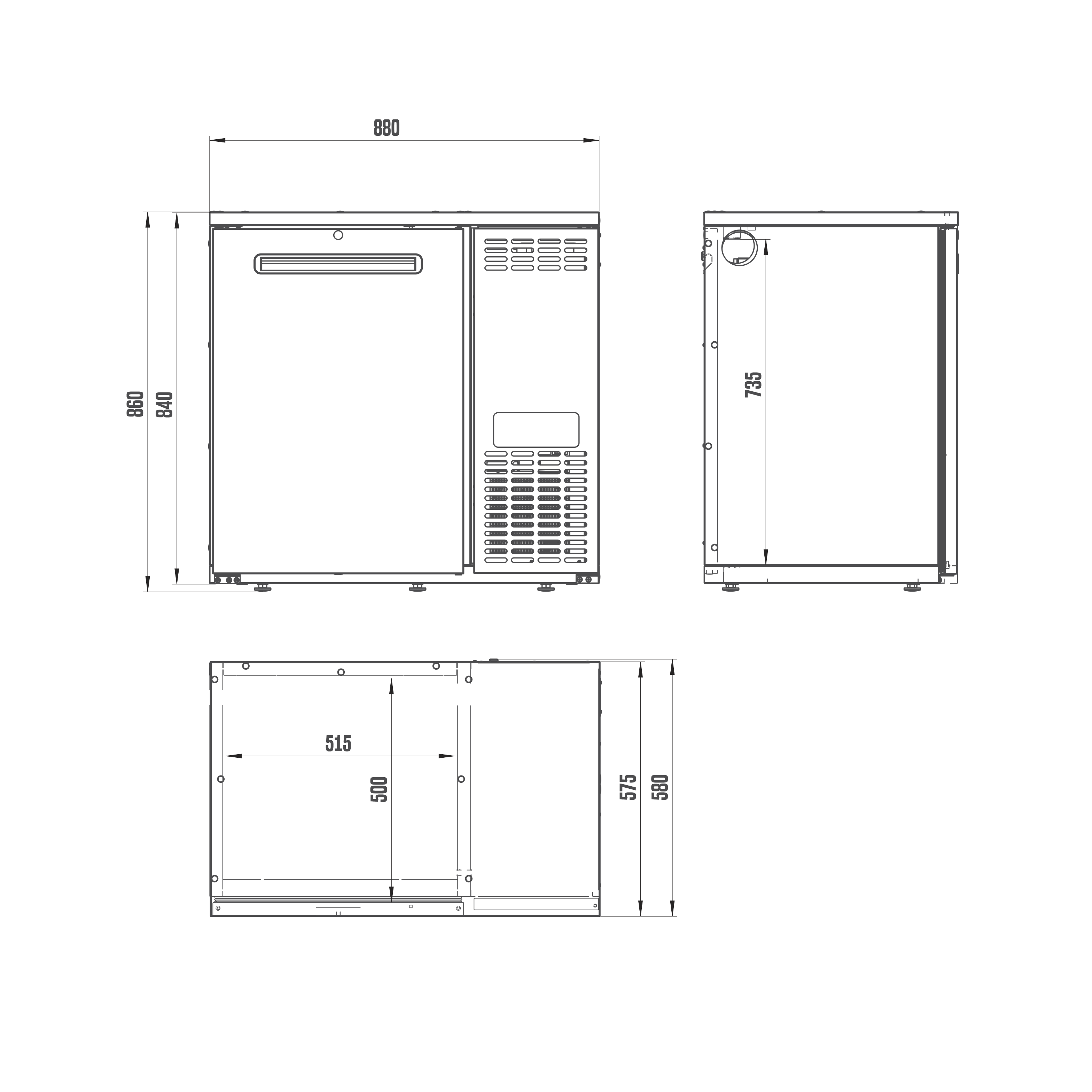 Teknisk tegning av LINDR DFK-4 Fatkjøler (bestillingsvare), en profesjonell ølkjøler, som viser front-, side- og oversiktsbilder med angitte dimensjoner: 880 mm bred, 840 mm høy og 590 mm dyp. Både innvendige og utvendige mål er angitt for denne fatkjøleren.