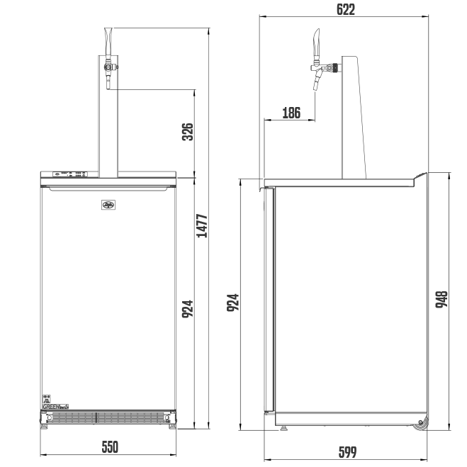 Teknisk tegning av Lindr Combi Cold Bar 50 (Bestillingsvare) fatølsdispenser, som viser front- og sidefoto med kjølt lagringsrom og alle dimensjoner (høyde, bredde, dybde) tydelig angitt i millimeter.
