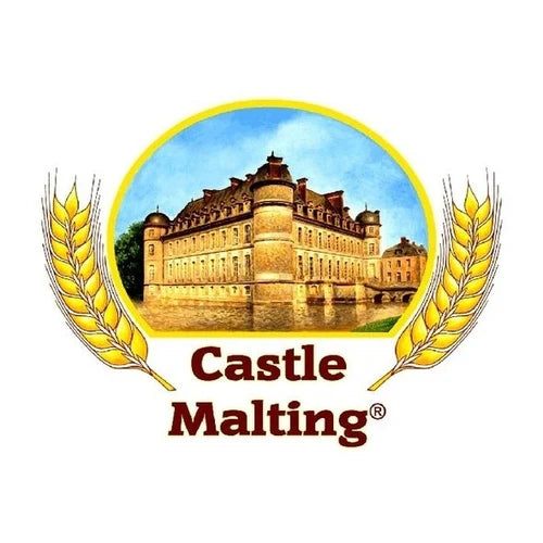 Logoen viser et historisk slott flankert av hvetestengler og Castle Malting-tekst - ideell for merkevarer som lager lettøl eller ønsker å tilsette Flaket ris 25 kg (2-3 EBC) fra Castle Malting som et bryggetilskudd på linje med risflak.