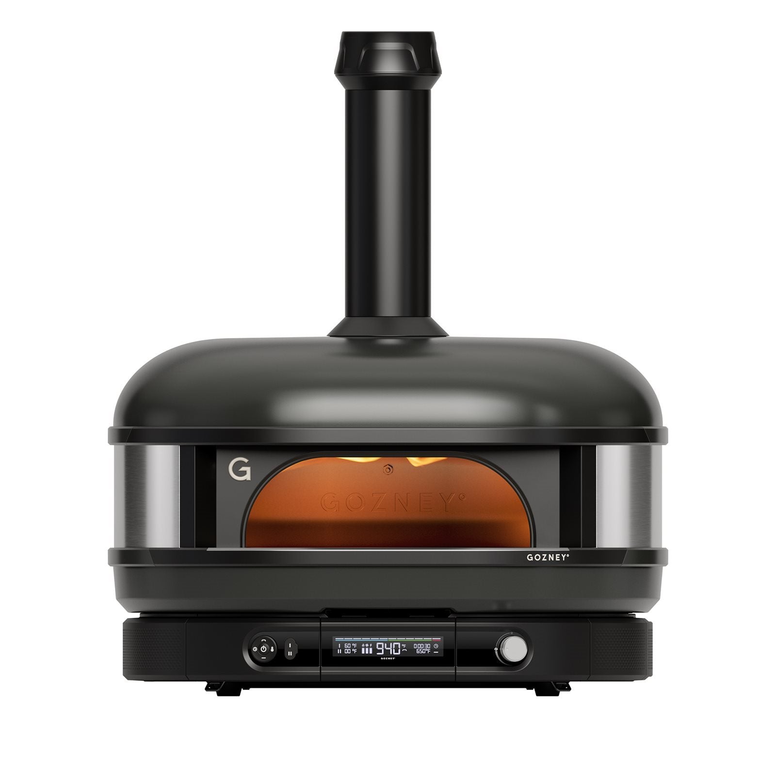 Gozney Dome Gen 2 - Off Black - Multi Fuel Pizzaovn har en skorstein, avrundet design og digitalt kontrollpanel, alt vist fra fronten.