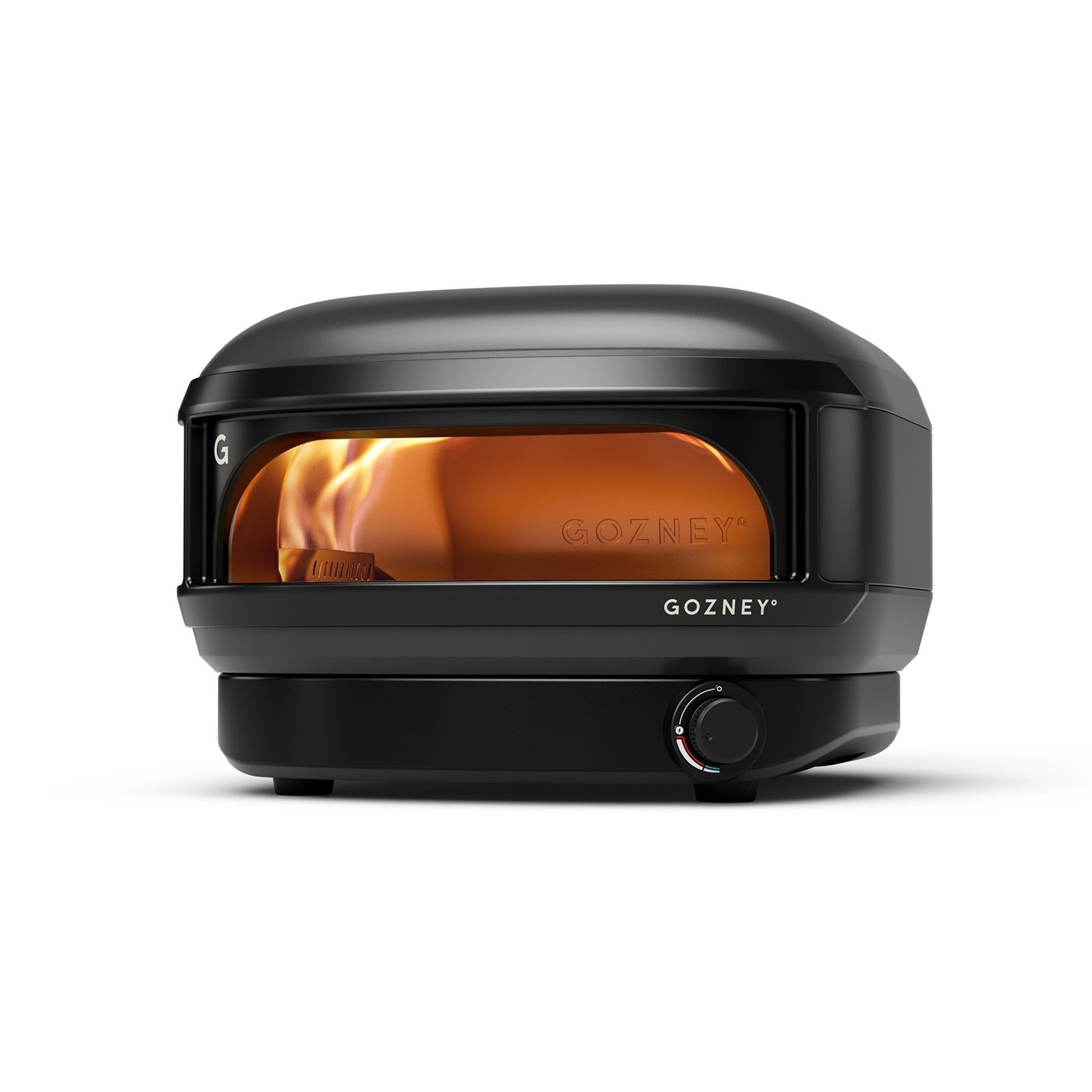 Gozney Arc Lite, Sort Pizzaovn, er en kompakt, svart pizzaovn med glassvindu foran, synlige flammer og kontrollknott. Den varmer opp til 500 °C for perfekte pizzaer.