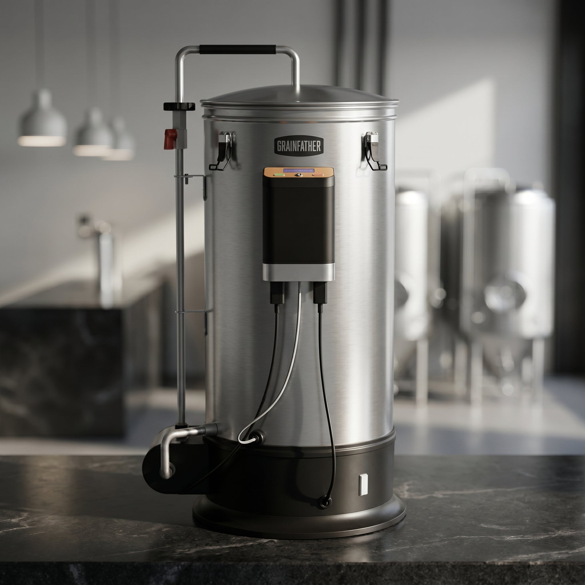 En Grainfather G30v3 bryggemaskin med motstrømskjøler i rustfritt stål står på benken med kontrollpanel og slanger koblet til, mens flere bryggetanker vises i bakgrunnen.
