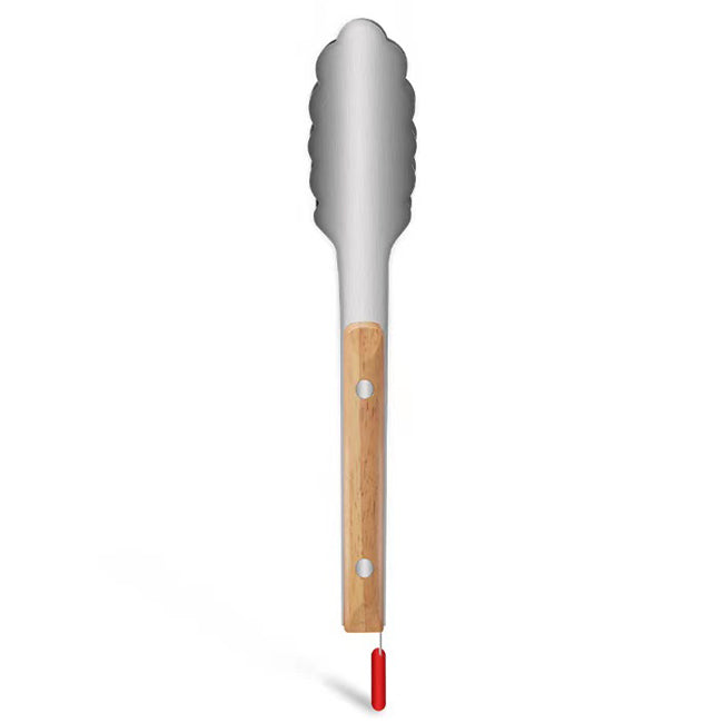 Grilltang i Rustfritt Stål med Trehåndtak og rød silikontupp-et uunnværlig kjøkkenredskap til grilling, perfekt for både kjøkken og grill.