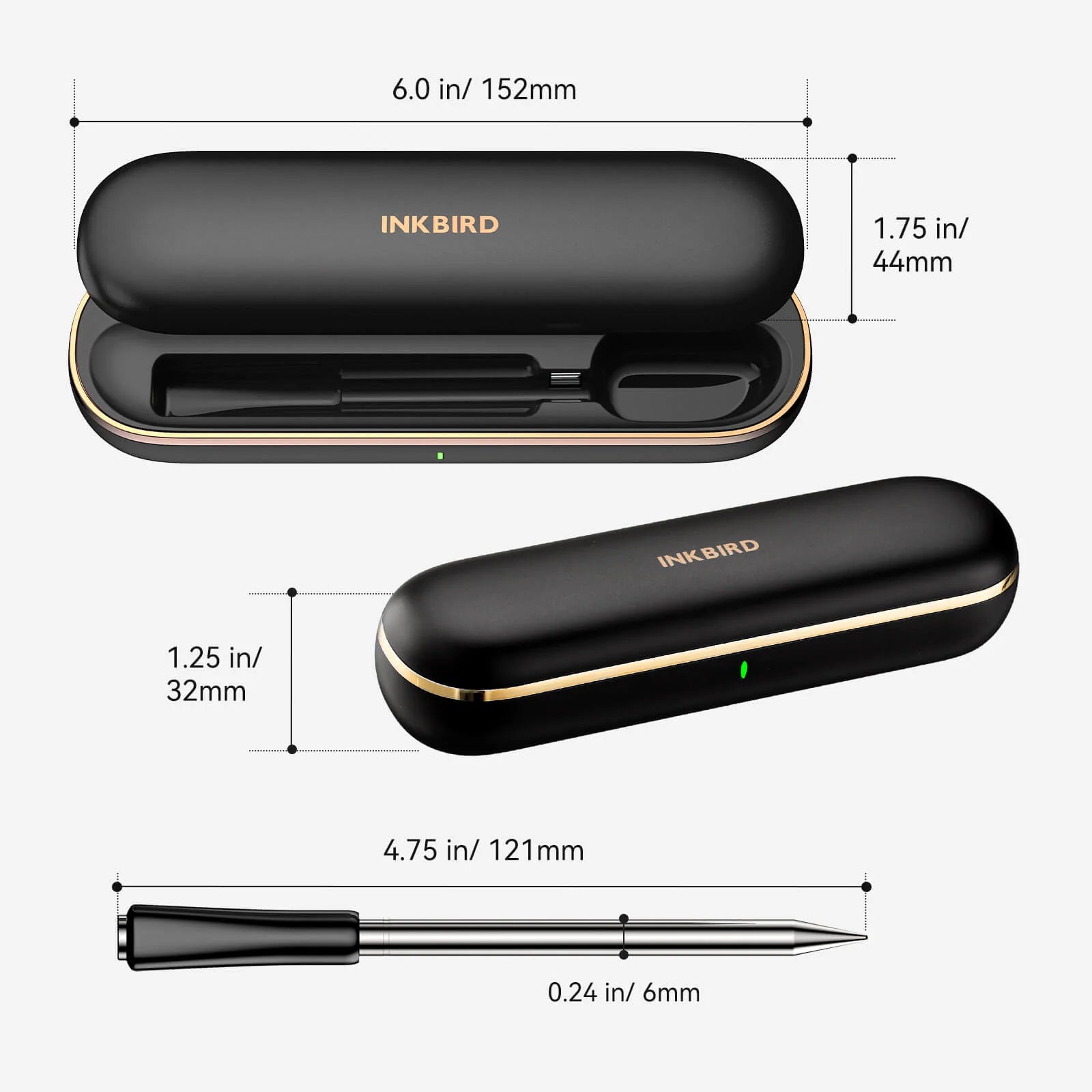 Svart INKBIRD pennesett med etui, vist åpent og lukket; etui: 6,0 x 1,75 x 1,25 tommer, penn: 4,75 tommer lang, 0,24 tommer i diameter. Perfekt for sammenkobling med Inkbird INT-11P-B Bluetooth Steketermometer-tilbehør.