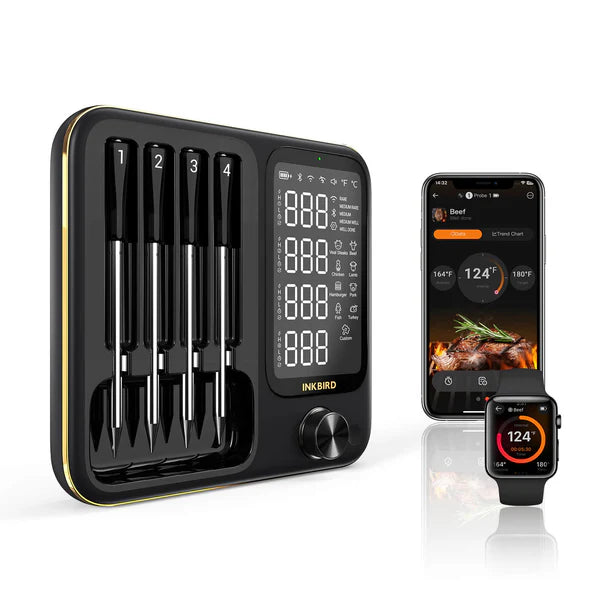 Overvåk grillen din med Inkbird INT-14-BW Trådløs WiFi Grilltermometer, med 4 prober, en displayenhet og en app for temperaturoppdateringer i sanntid på smarttelefonen eller smartklokken din.