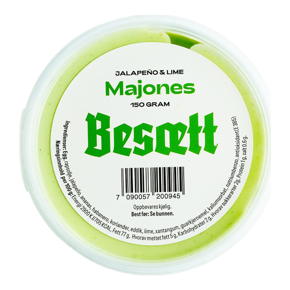 Besætt Jalapeño & Lime Majones 150 g sett ovenfra, med etikett på lokket