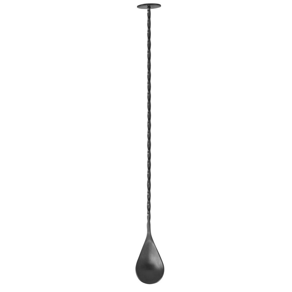 Lurch Barskje med Muddler 29 cm – en lang, vridd barskje i metall med en flat muddler-skive i den ene enden og en stor, avrundet skje i den andre – vises mot en ensfarget bakgrunn. Dette uunnværlige barverktøyet er perfekt for ethvert cocktailbar-oppsett.