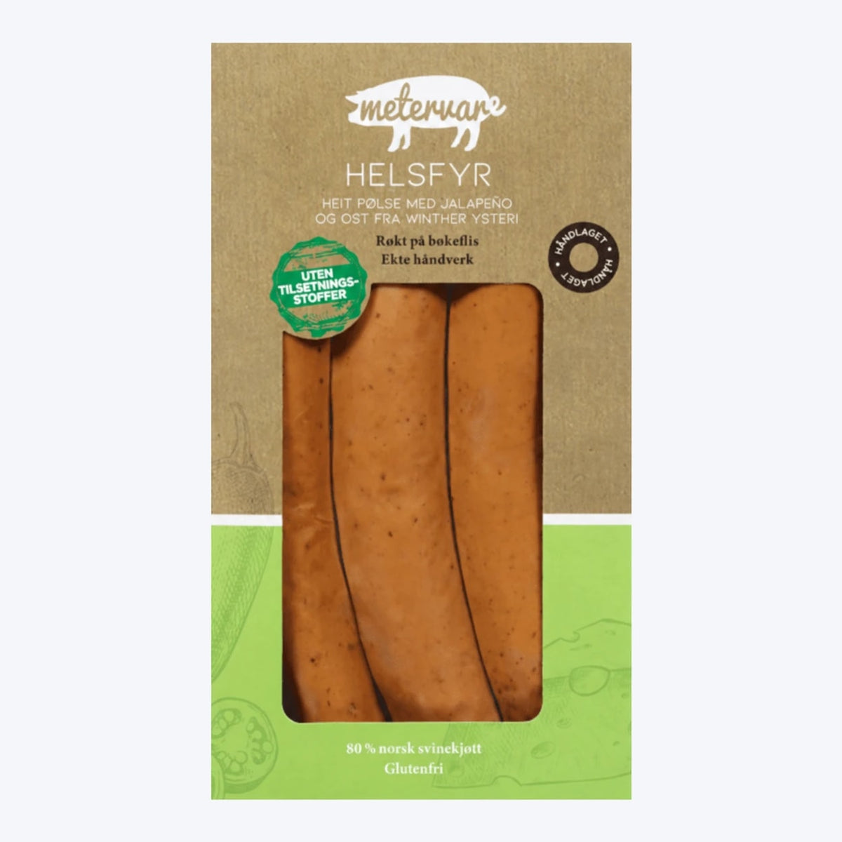 Metervare Helsfyr jalapenospølse m/ost - 1kg – pakke med røkte pølser med jalapeño og ost