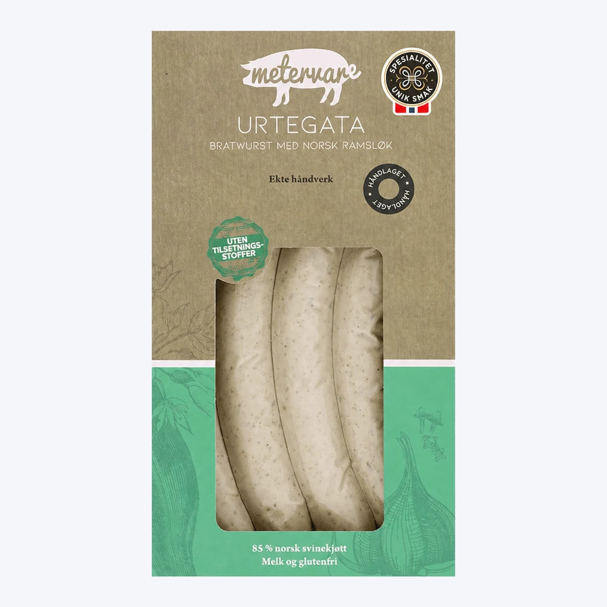 Metervare Urtegata Cooked Bratwurst with Wild Garlic - 1 kg – pack of bratwurst with Norwegian wild garlic