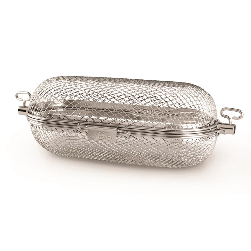 Napoleon Rotisserikurv er en sylindrisk grillkurv i rustfritt ståltrådnett med sidelåser og lås - et uunnværlig grilltilbehør for alle dine grillbehov.