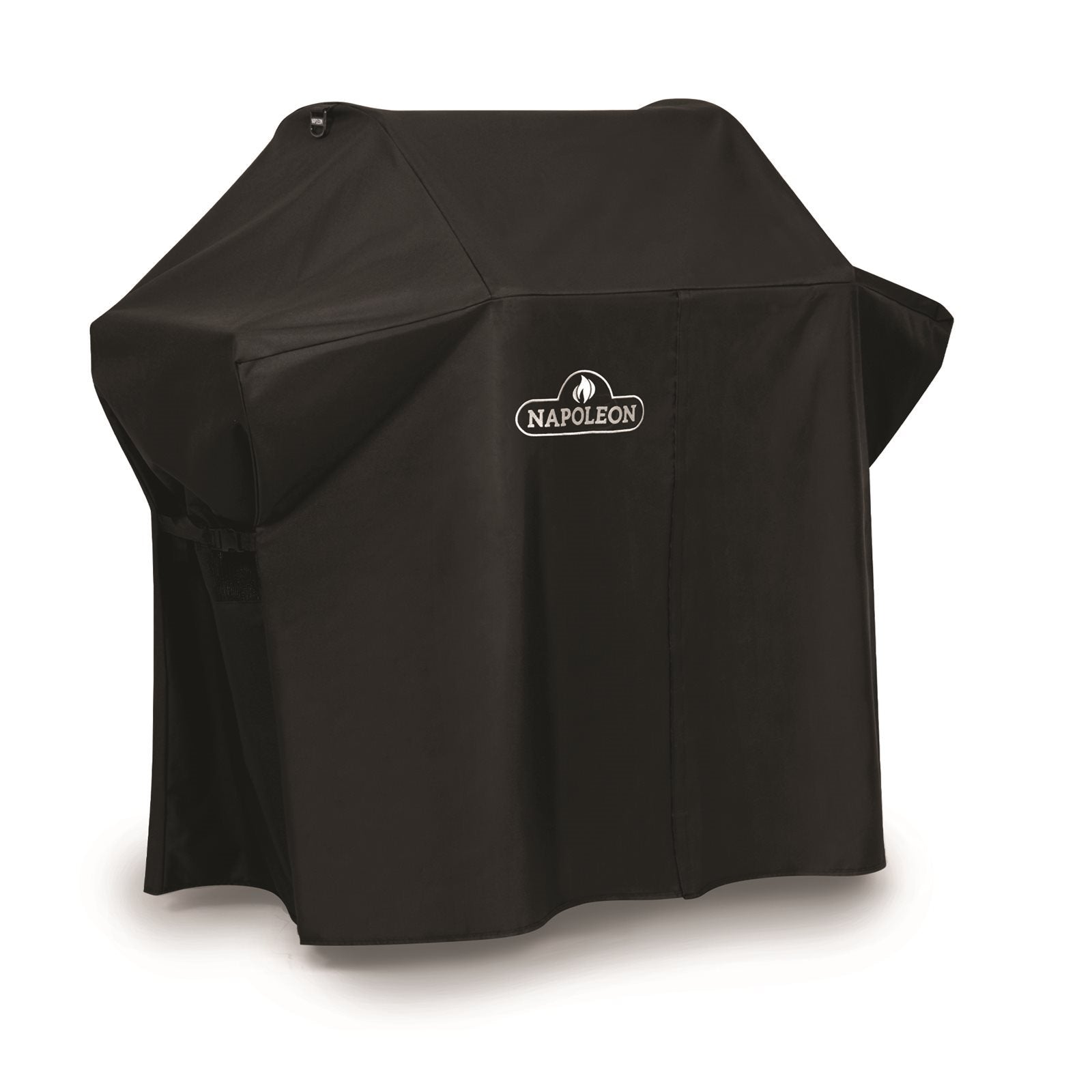 En Napoleon Rogue 425-grill med Napoleon Grilltrekk til Rogue 425, et svart deksel med UV-beskyttelse, vist mot en hvit bakgrunn.