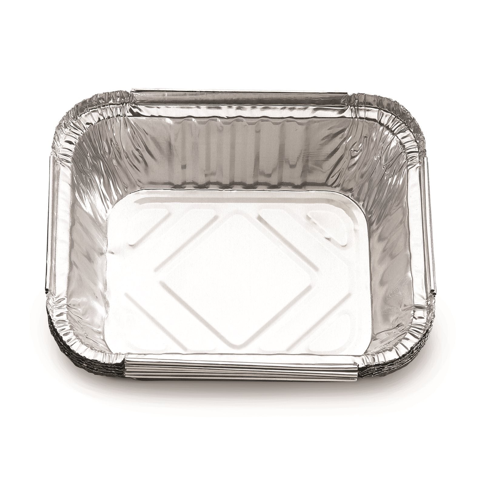 Napoleon Aluminiumsformer, stekefett oppsamler 5stk er rektangulære engangsbrett med blank overflate, ideelt som grilltilbehør for oppsamling av fett. Sett ovenfra på hvit bakgrunn.