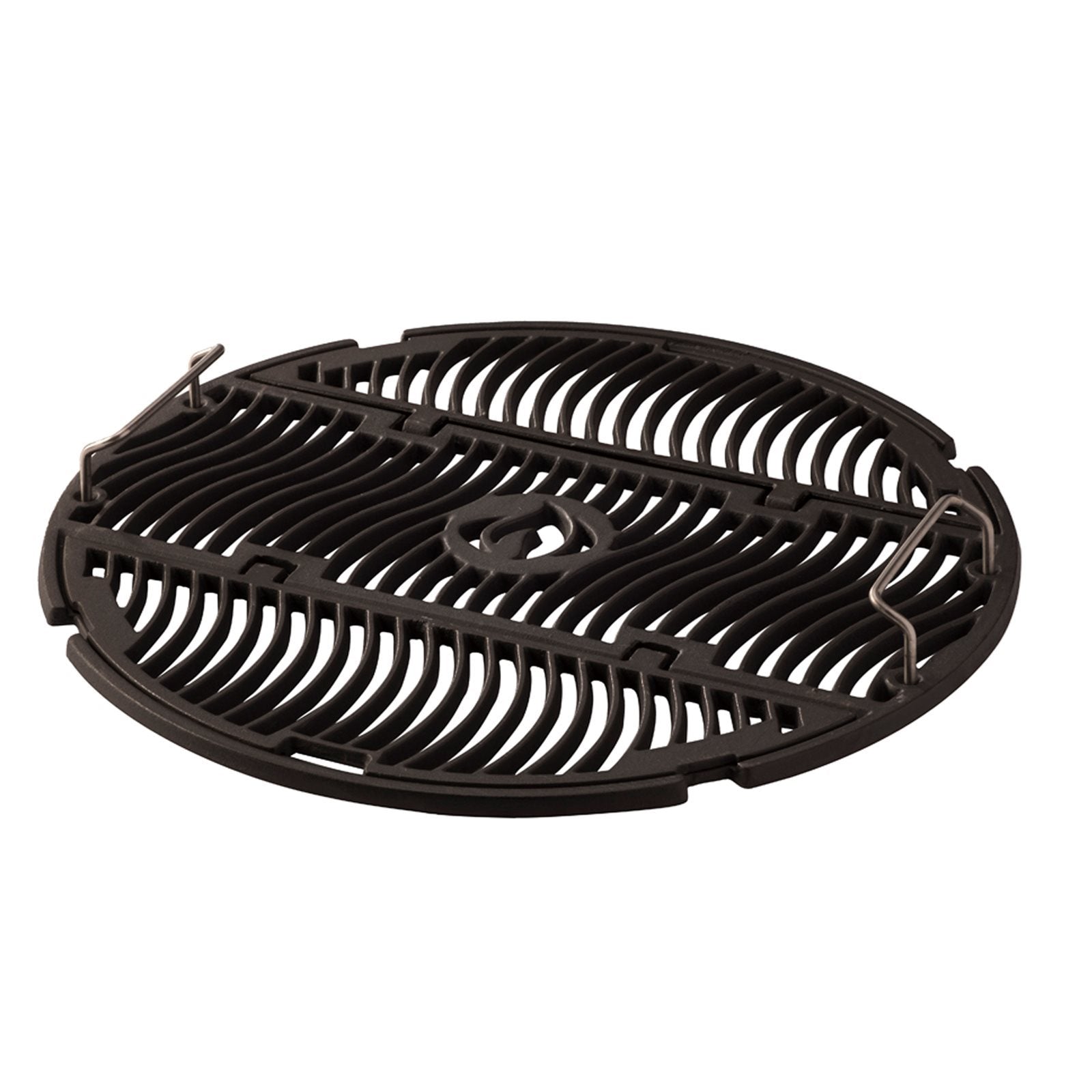 Rund, svart grillrist i støpejern med jevnt fordelte lameller og to metallhåndtak, beregnet for bruk på en kullgrill – perfekt som Napoleon Grillrist til kullgrill, Ø57 cm i støpejern, til din 57 cm store kullgrill.