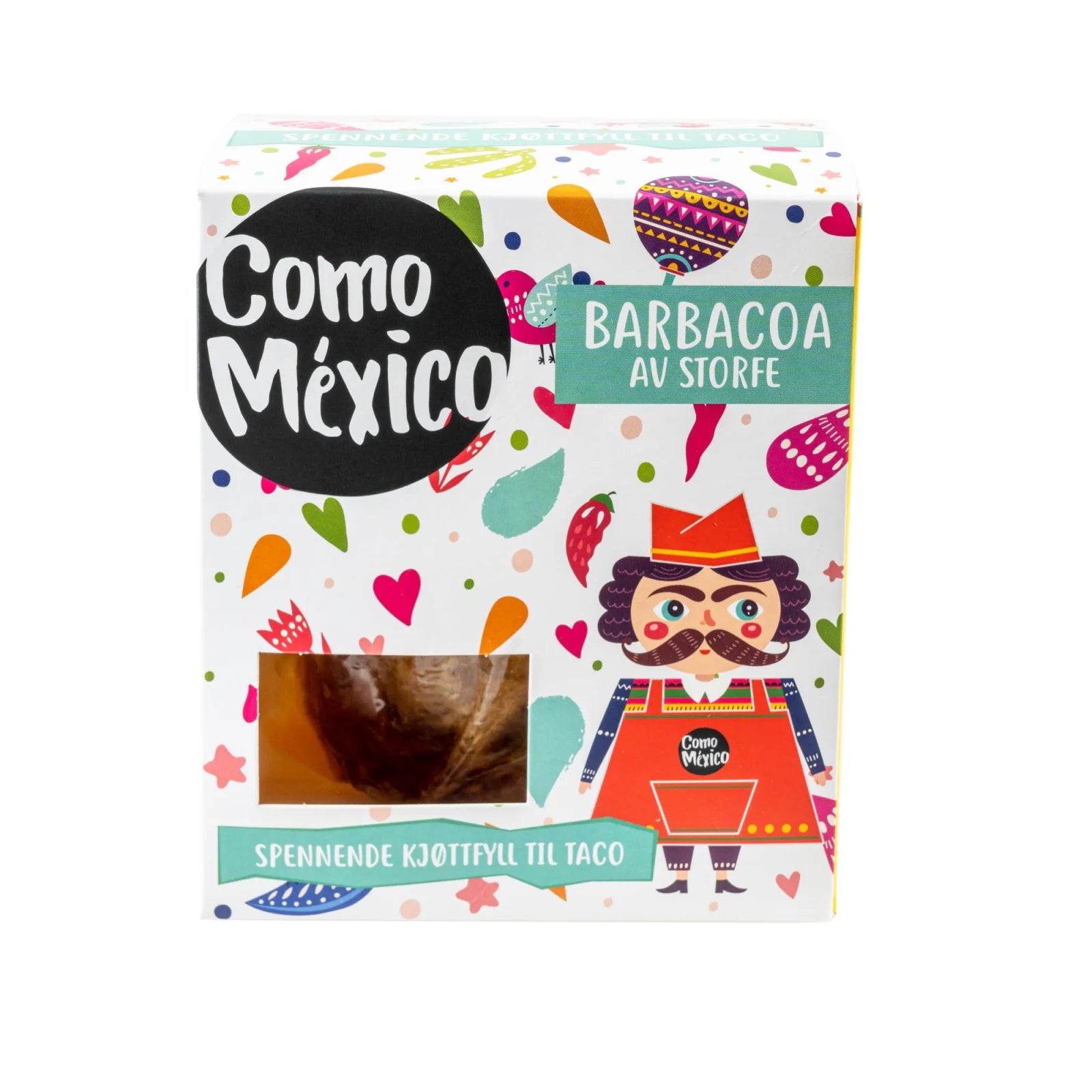 Fargerik emballasje av Como Mexico Barbacoa 300 g | Meksikansk Tacokjøtt, med tegneseriefigur, festlige mønstre og vindu som viser autentisk kjøtt - perfekt for tacoelskere.