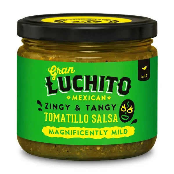 Gran Luchito Tomatillo Salsa 330 ml kommer i en krukke med en grønn og gul etikett som sier "zingy & tangy" og "magnificently mild" - en deilig meksikansk salsa som passer perfekt til enhver anledning.