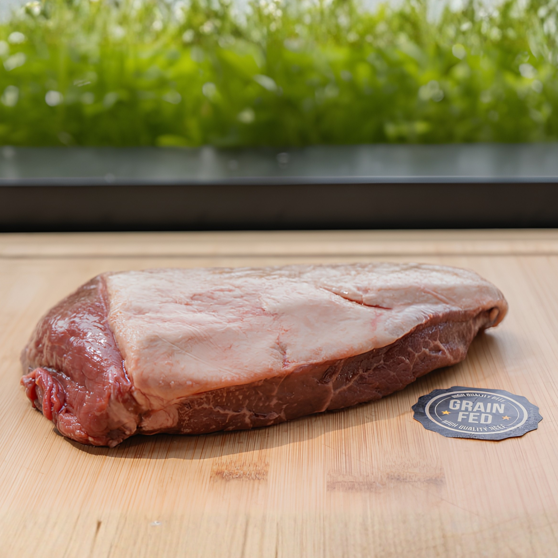 En rå Storfe Picanha Grainfed Argentina (550 kr/kg) med tykk fettkappe hviler på en treplate ved siden av en "Grain Fed"-etikett mot en grønn bakgrunn - perfekt for den som er sugen på saftig kjøtt.