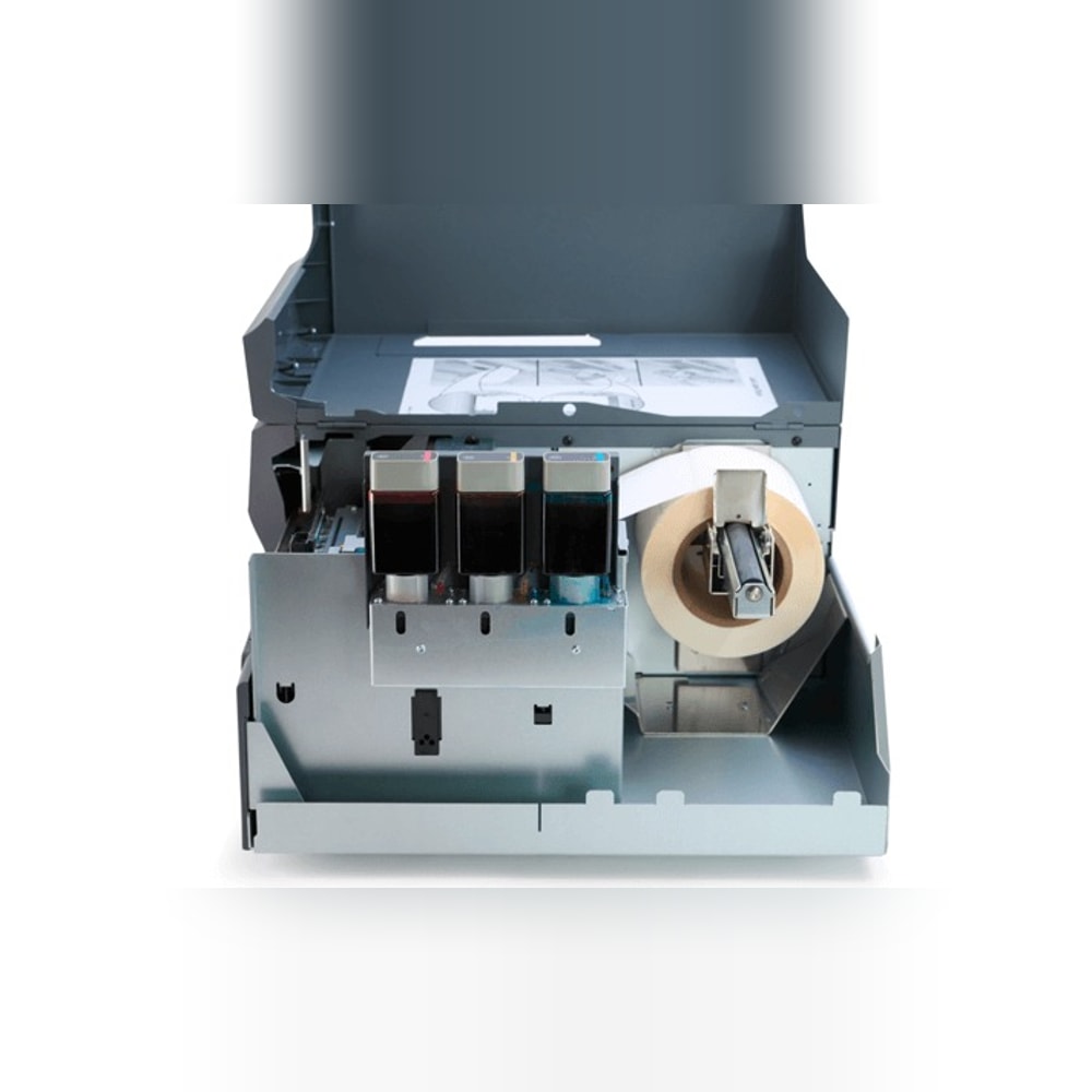 Primera LX4000e with the cover open, showing the ink tanks and label roll
