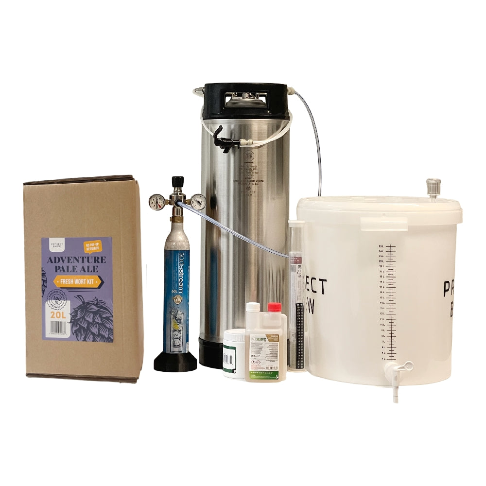 Simply Brew - Komplett startsett med Adventure Pale Ale 20L Fresh Wort Kit inkluderer gjæringsbøtte, stålfat, CO2-patron, slanger og diverse bryggeutstyr for ølbrygging hjemme.