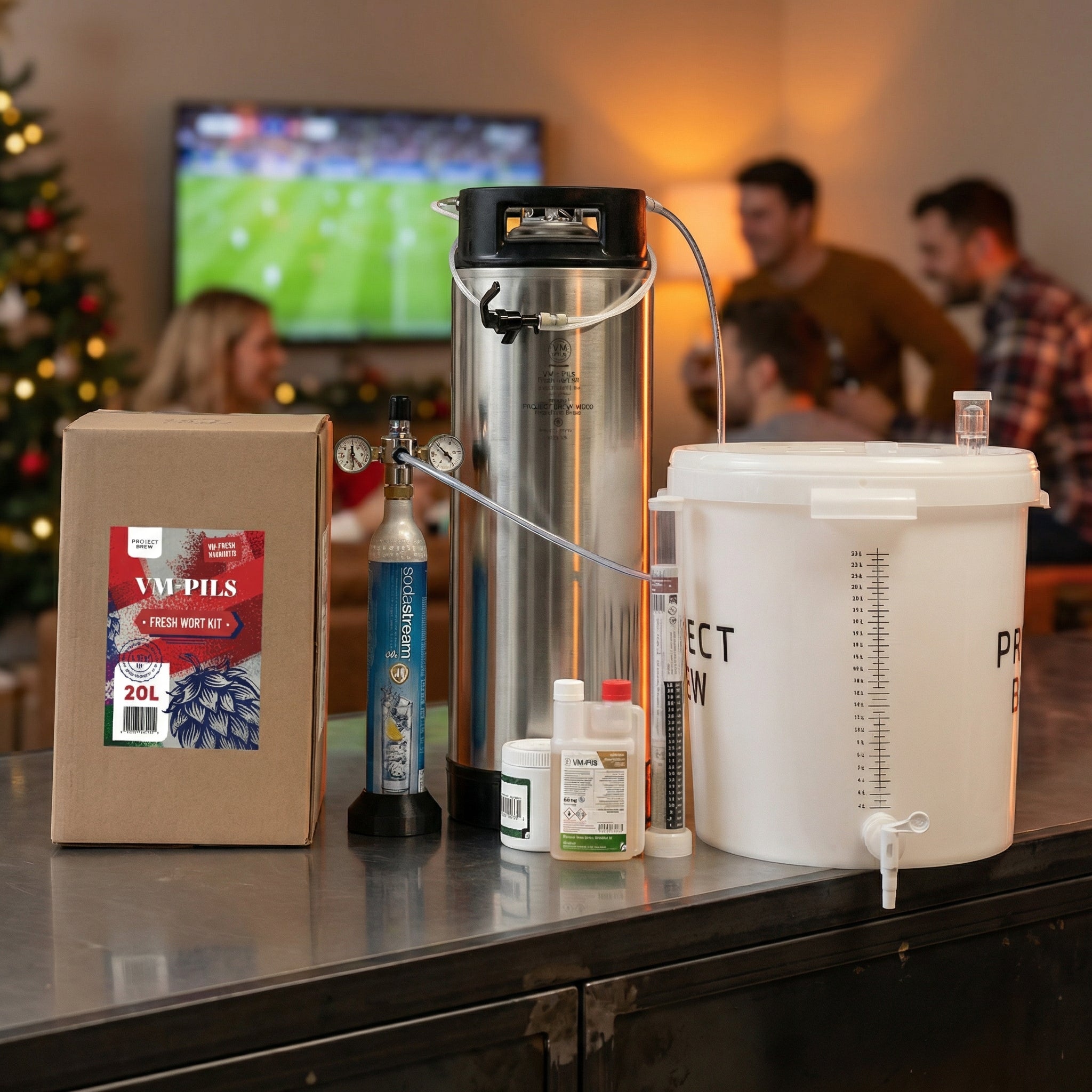 Simply VM - Komplett startsett med VM-Pils 20L Fresh Wort Kit: inkluderer fersk vørter, ingredienser, tønne, gjæringsbøtte, CO2-tank, desinfiseringsmiddel og måleverktøy; perfekt for koselig hjemmebrygging med venner ved juletreet.