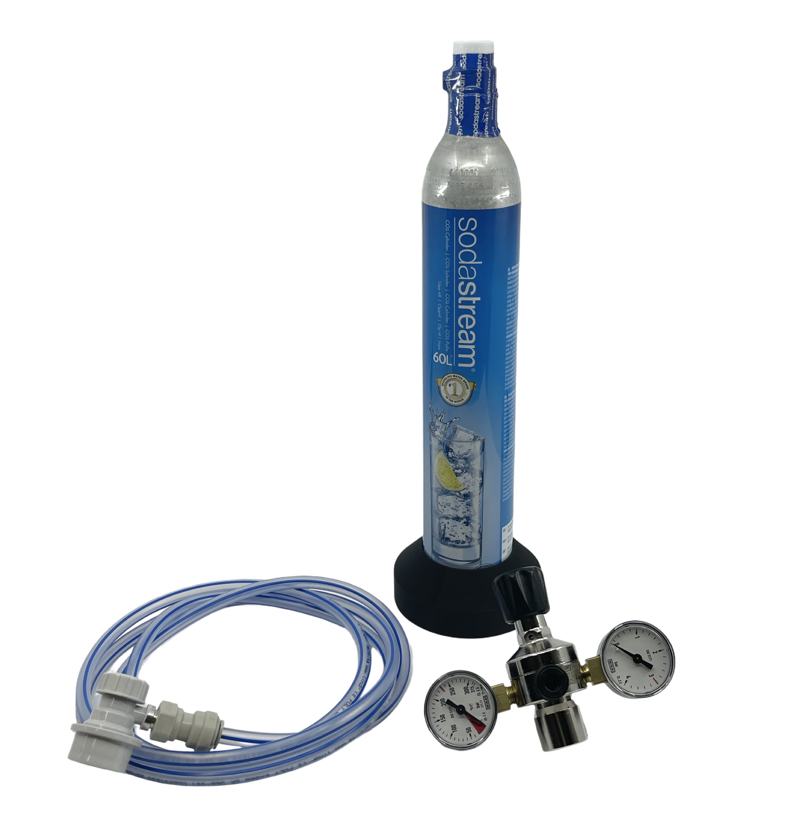 Sodastream Regulatorsett med to trykkmålere og slange med koblinger vises mot hvit bakgrunn - ideell for enkel karbonering.