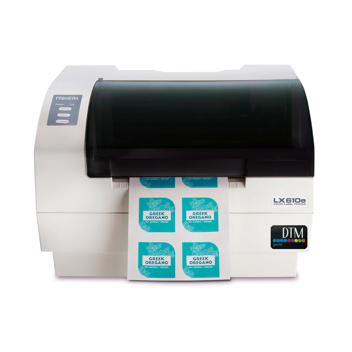 LX610e Color Label Printer (Bestillingsvare) skriver ut profesjonelle etiketter - blå og hvite rektangulære "Greek Oregano"-etiketter - ved hjelp av avansert digital stansingsteknologi.